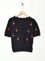 【2色展開】Meridian さくらんぼ刺繍 半袖カーディガン