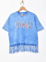 ユニークモチーフプリント フリンジTシャツ ブルー