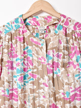 ノーカラー 総柄 長袖ブラウス