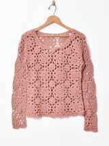 フラワーパターンクロシェトップス セーター ピンク