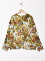 ノーカラー ホース柄 長袖シャツ