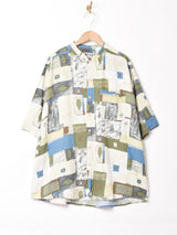 総柄 ノーカラー半袖シャツ