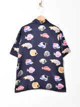 魚柄 半袖シルクシャツ