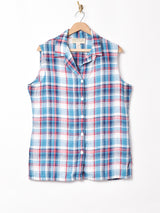 オープンカラースリーブレス チェック柄シャツ