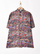 総柄 半袖 シルクシャツ