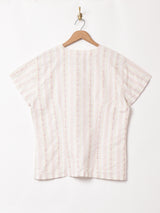 イタリア製 ストライプ×花柄 ノーカラー 半袖シャツ