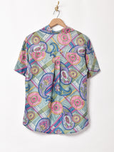 総柄 半袖 シルクシャツ