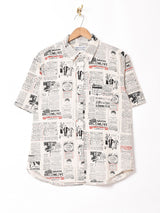 TEMPTATION ニュースペーパー柄 コットンリネン 半袖シャツ