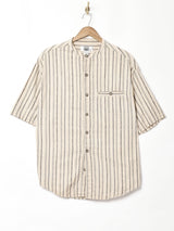 ストライプ バンドカラー 半袖シャツ