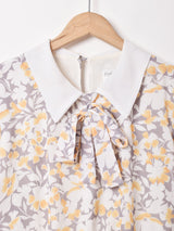 イングランド製 ボウタイ 花柄 長袖ワンピース