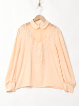 フランス製 レースデザイン ラウンドカラー 長袖ブラウス