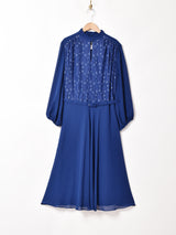 レース×シースルー スタンドカラー ベルト付き長袖ワンピース