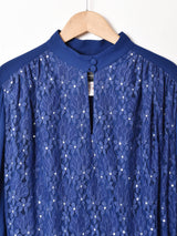 レース×シースルー スタンドカラー ベルト付き長袖ワンピース