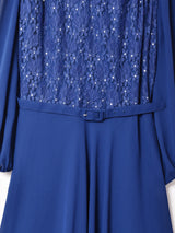 レース×シースルー スタンドカラー ベルト付き長袖ワンピース