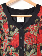 フロントオープン 花柄 長袖ワンピース