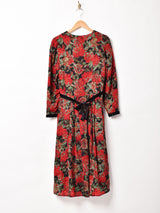 フロントオープン 花柄 長袖ワンピース