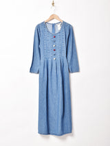 フラワーモチーフ デニム 長袖ワンピース