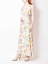 総柄 ロング丈スリーブレスワンピース イエロー・グリーン系