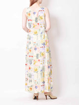 総柄 ロング丈スリーブレスワンピース イエロー・グリーン系