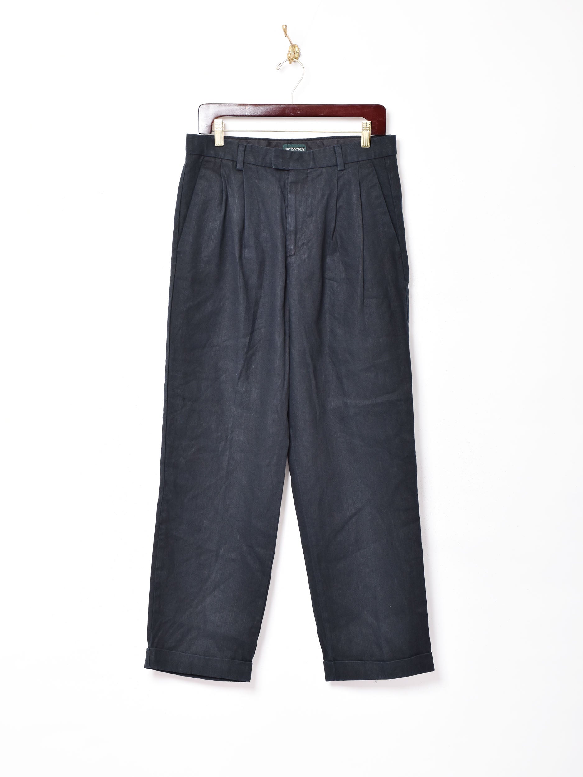W38/古着 ドッカーズ パンツ リネン60% 黒 ブラック DOCKERS スラックスパンツ W38 ドッカーズブラック ストライプ