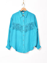 フリンジ 長袖シルクシャツ ターコイズブルー
