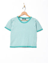 【2色展開】Meridian千鳥柄 パフスリーブ 半袖ニットトップス