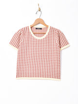 【2色展開】Meridian千鳥柄 パフスリーブ 半袖ニットトップス