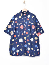 花柄 半袖シャツ ネイビー