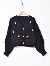 Elcamino 花付き Vネック ショート丈 カーディガン ブラック