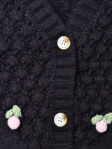 Elcamino 花付き Vネック ショート丈 カーディガン ブラック