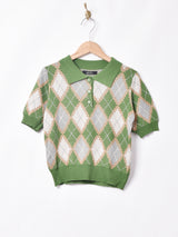【2色展開】Meridianアーガイル柄 リブデザイン 半袖ニットポロシャツ