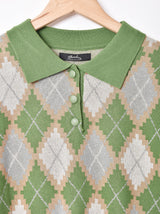 【2色展開】Meridianアーガイル柄 リブデザイン 半袖ニットポロシャツ