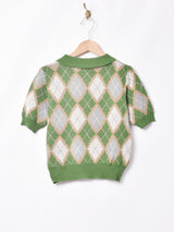 【2色展開】Meridianアーガイル柄 リブデザイン 半袖ニットポロシャツ