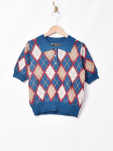 【2色展開】Meridianアーガイル柄 リブデザイン 半袖ニットポロシャツ