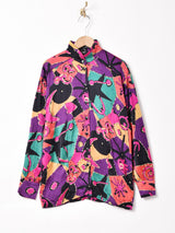 西ドイツ製 総柄 スタンドカラー 長袖 シルクブラウス