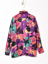 西ドイツ製 総柄 スタンドカラー 長袖 シルクブラウス