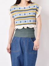 【2色展開】Elcamino フリルスリーブ クロップド クロシェトップス