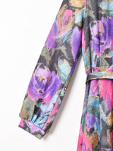 ベルト付き 総柄  長袖 オープンカラーワンピース