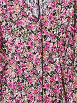 花柄 レースアップ フロントボタン 長袖ワンピース