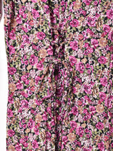 花柄 レースアップ フロントボタン 長袖ワンピース