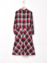 チェック柄 ベルト付き ボウタイ 長袖ワンピース