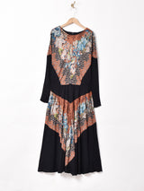 花柄 ノーカラー 長袖ワンピース