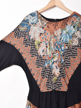 花柄 ノーカラー 長袖ワンピース