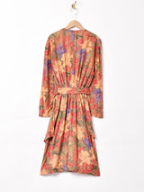 ベルト付き 花柄長袖 デザインワンピース