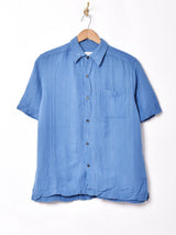 織り柄 ストライプ半袖リネン混シャツ