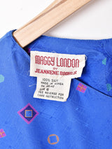 総柄 長袖 ノーカラー シルクワンピース