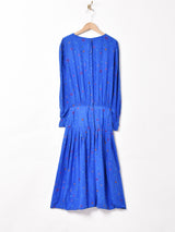 総柄 長袖 ノーカラー シルクワンピース