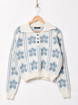 【3色展開】Meridian  フラワー 襟付きセーター