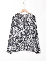 総柄 ノーカラー 長袖シアーブラウス