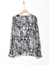 総柄 ノーカラー 長袖シアーブラウス